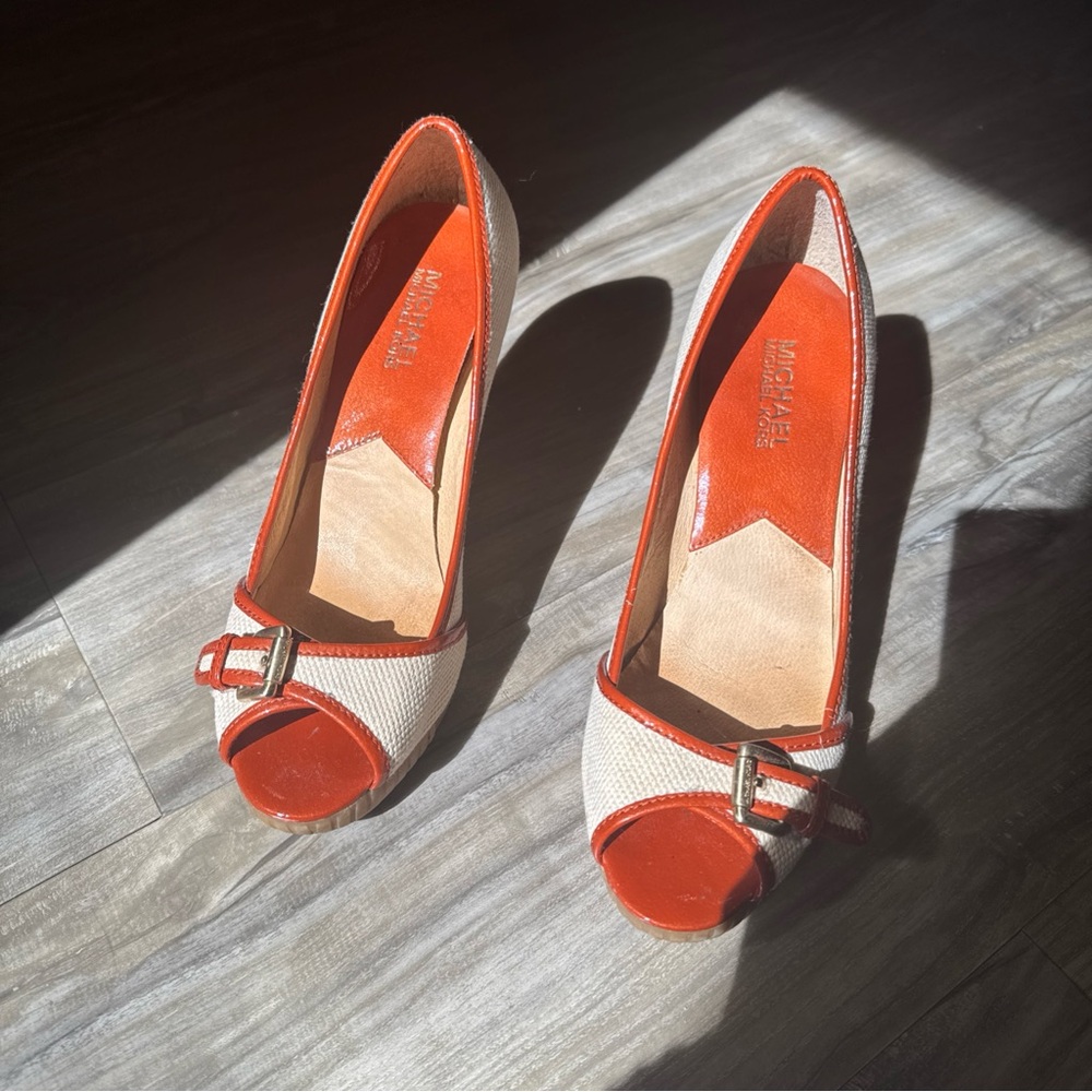 Michael Kors burnt orange and Cream platform wedges Peep Toe Shoes